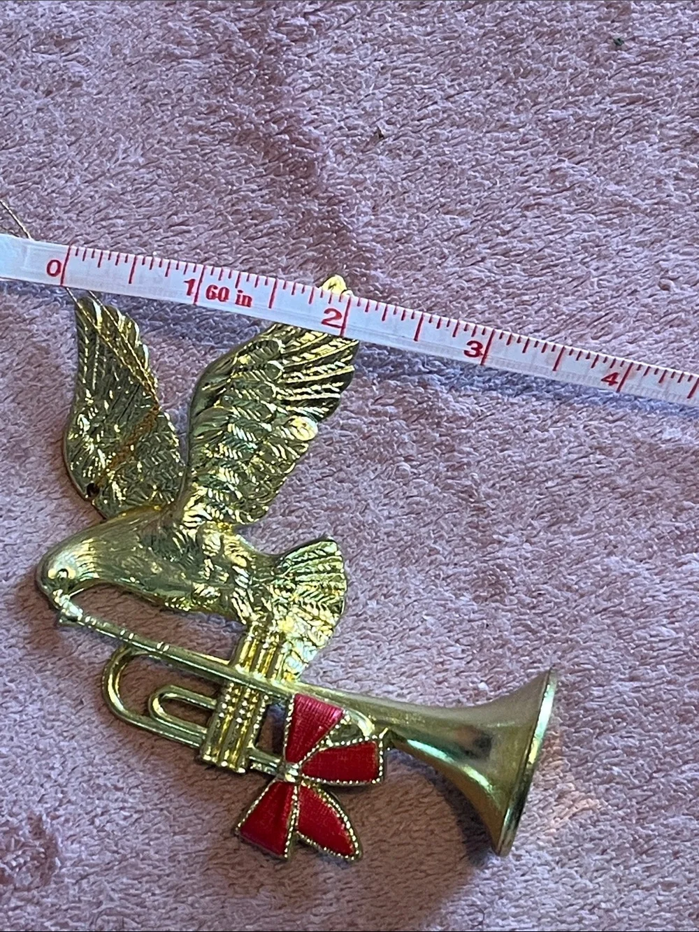 Vintage Gold Flying Dove with Trumpet Holiday Ornament with Red Bow